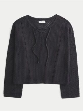 Hollister Black Lace-Up Textured Crewneck Sweater “Stitchy V-Neck Sweater”